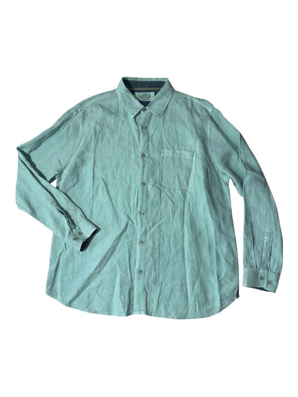 Carbon2Cobalt mens L Large light blue solid 100% linen button up shirt EUC
